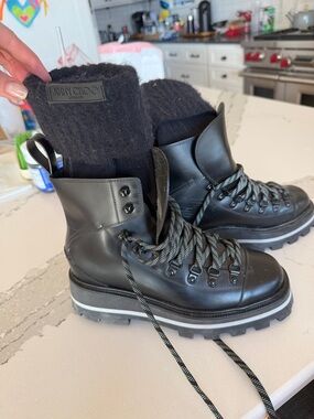 Jimmy Choo Black Leather Lace-Up Combat Boots with Knit Cuffs